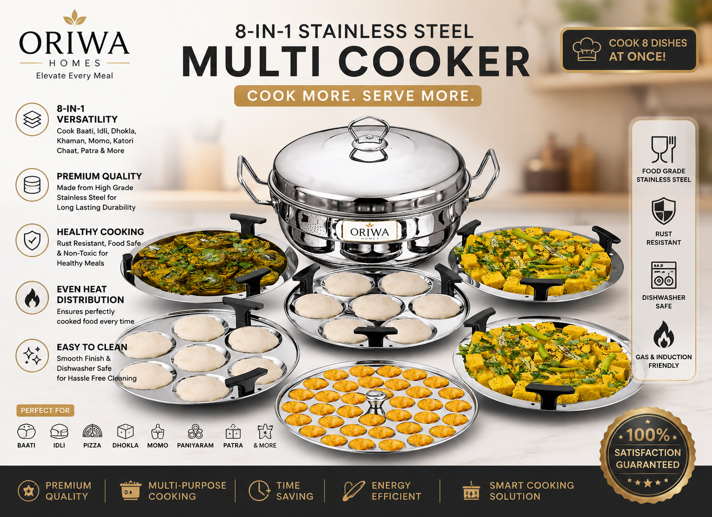 ORIWA Homes Premium 6-in-1 Tri-Ply Stainless Steel Multi Kadai with FREE Silicon Washer⭐