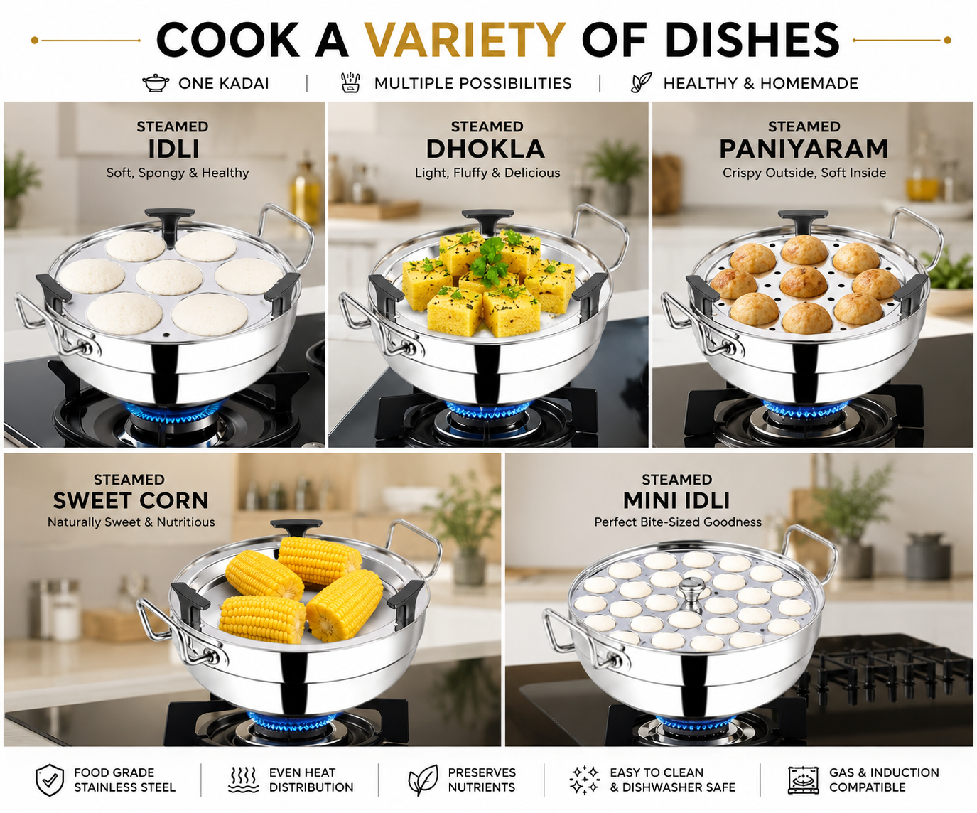 ORIWA Homes Premium 6-in-1 Tri-Ply Stainless Steel Multi Kadai with FREE Silicon Washer⭐