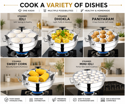 ORIWA Homes Premium 6-in-1 Tri-Ply Stainless Steel Multi Kadai with FREE Silicon Washer⭐