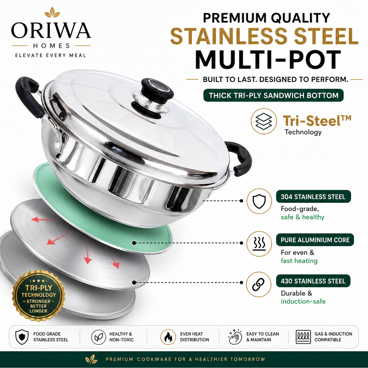 ORIWA Homes Premium 6-in-1 Tri-Ply Stainless Steel Multi Kadai with FREE Silicon Washer⭐