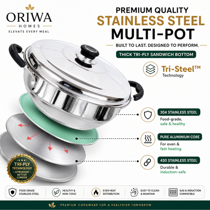ORIWA Homes Premium 6-in-1 Tri-Ply Stainless Steel Multi Kadai with FREE Silicon Washer⭐
