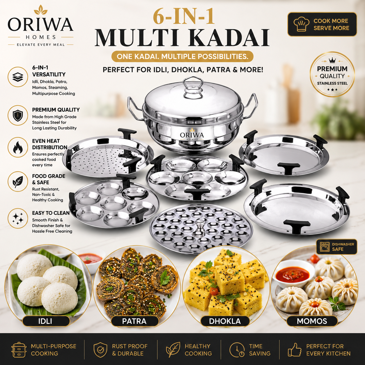 ORIWA Homes Premium 6-in-1 Tri-Ply Stainless Steel Multi Kadai with FREE Silicon Washer⭐
