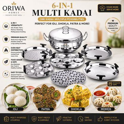 ORIWA Homes Premium 6-in-1 Tri-Ply Stainless Steel Multi Kadai with FREE Silicon Washer⭐