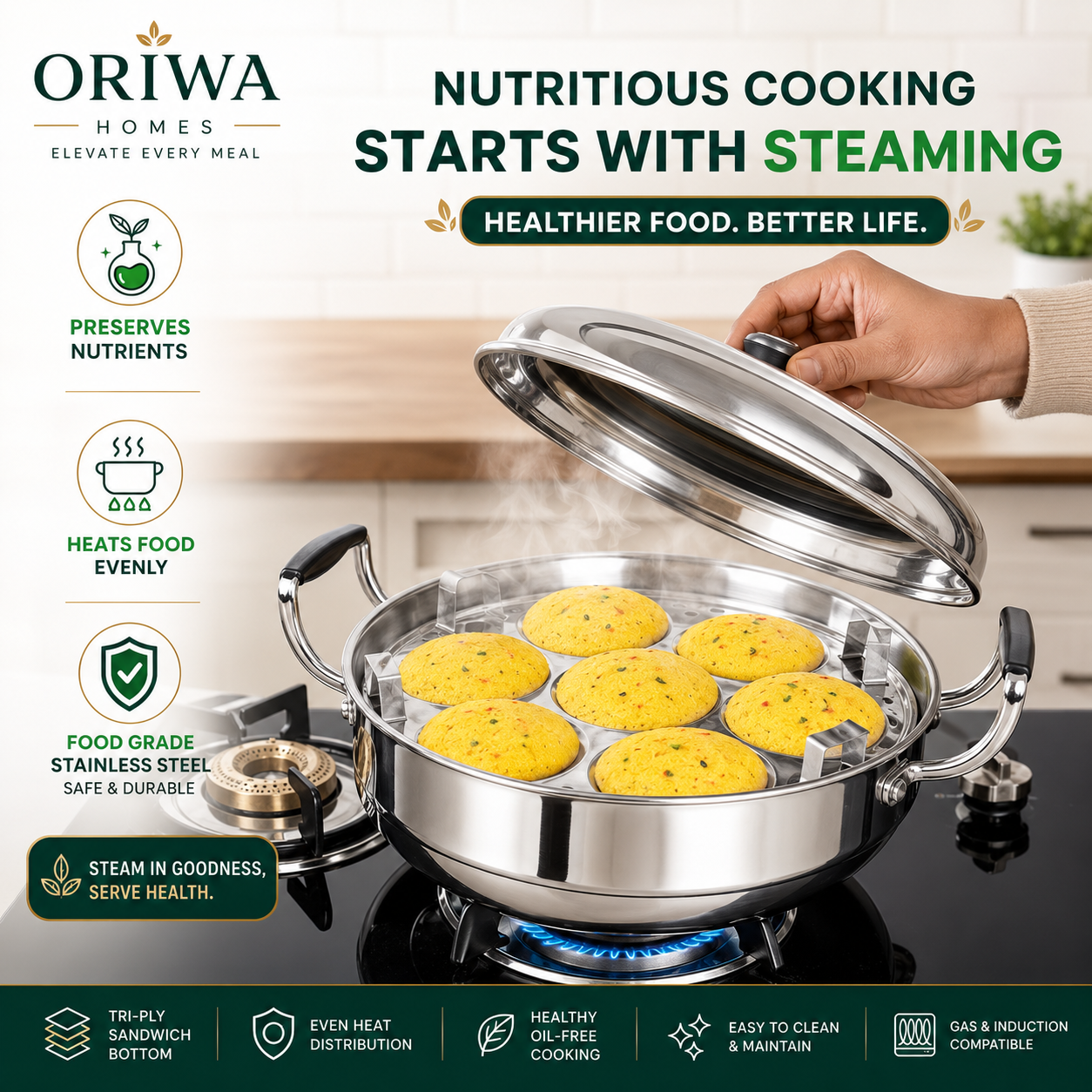 ORIWA Homes Premium 6-in-1 Tri-Ply Stainless Steel Multi Kadai with FREE Silicon Washer⭐