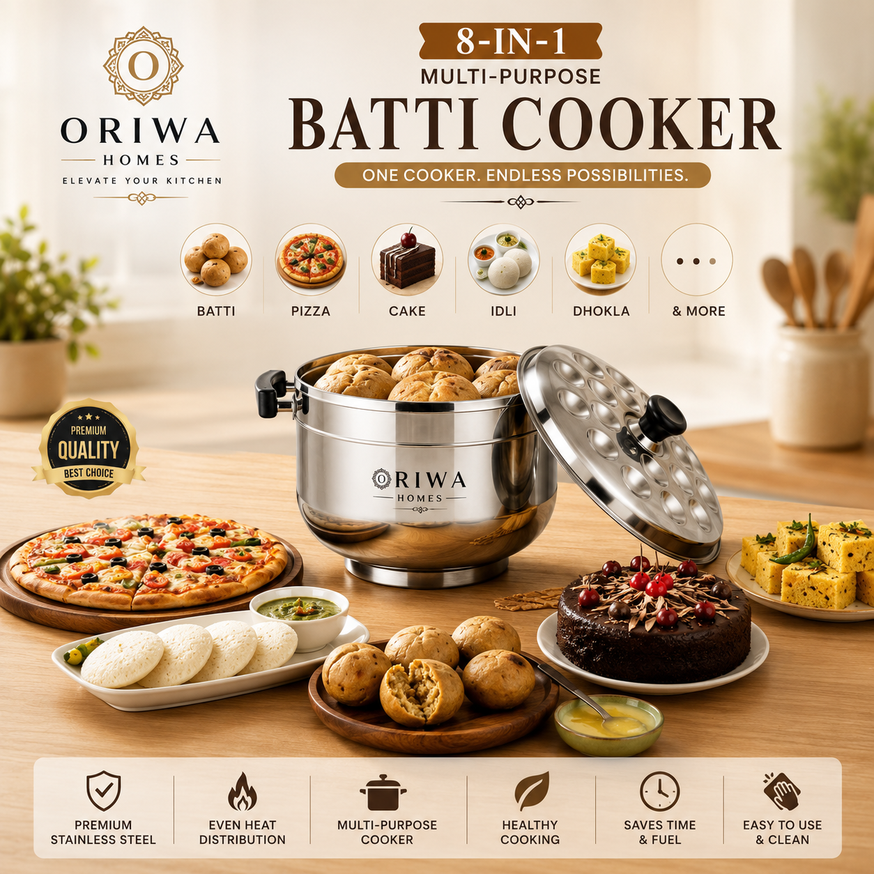 Premium 8-in-1 Multipurpose Cooker – Perfect for Baatis, Pizzas, Idlis, Momos, Dhoklas, Cakes, Cookies & More || Free Cooking Spoons