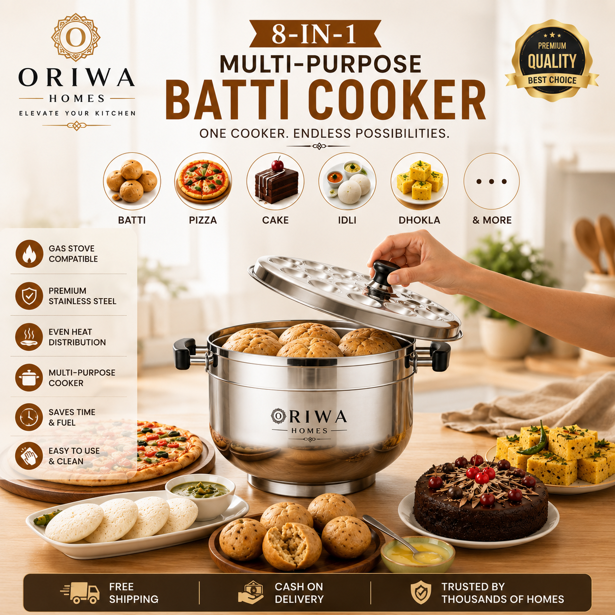 Premium 8-in-1 Multipurpose Cooker – Perfect for Baatis, Pizzas, Idlis, Momos, Dhoklas, Cakes, Cookies & More || Free Cooking Spoons