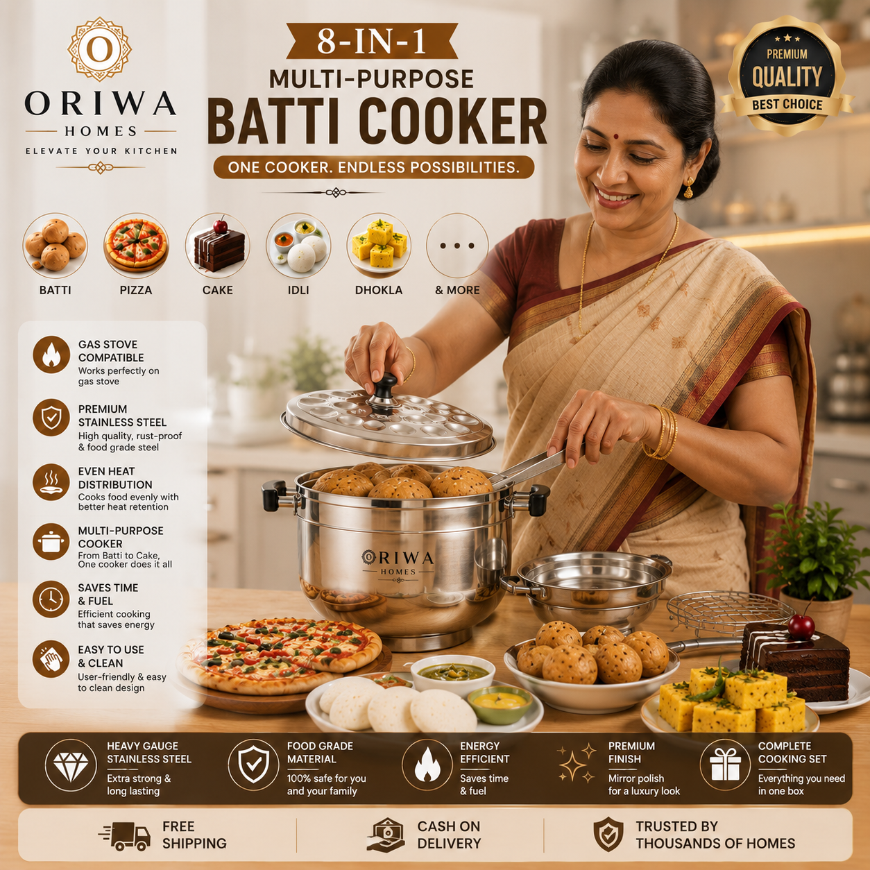 Premium 8-in-1 Multipurpose Cooker – Perfect for Baatis, Pizzas, Idlis, Momos, Dhoklas, Cakes, Cookies & More || Free Cooking Spoons